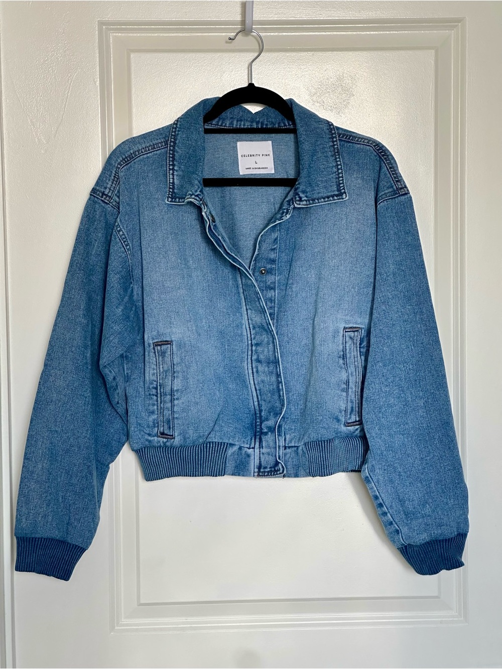Celebrity Pink Light Wash Denim Jacket with Ribbed Hem